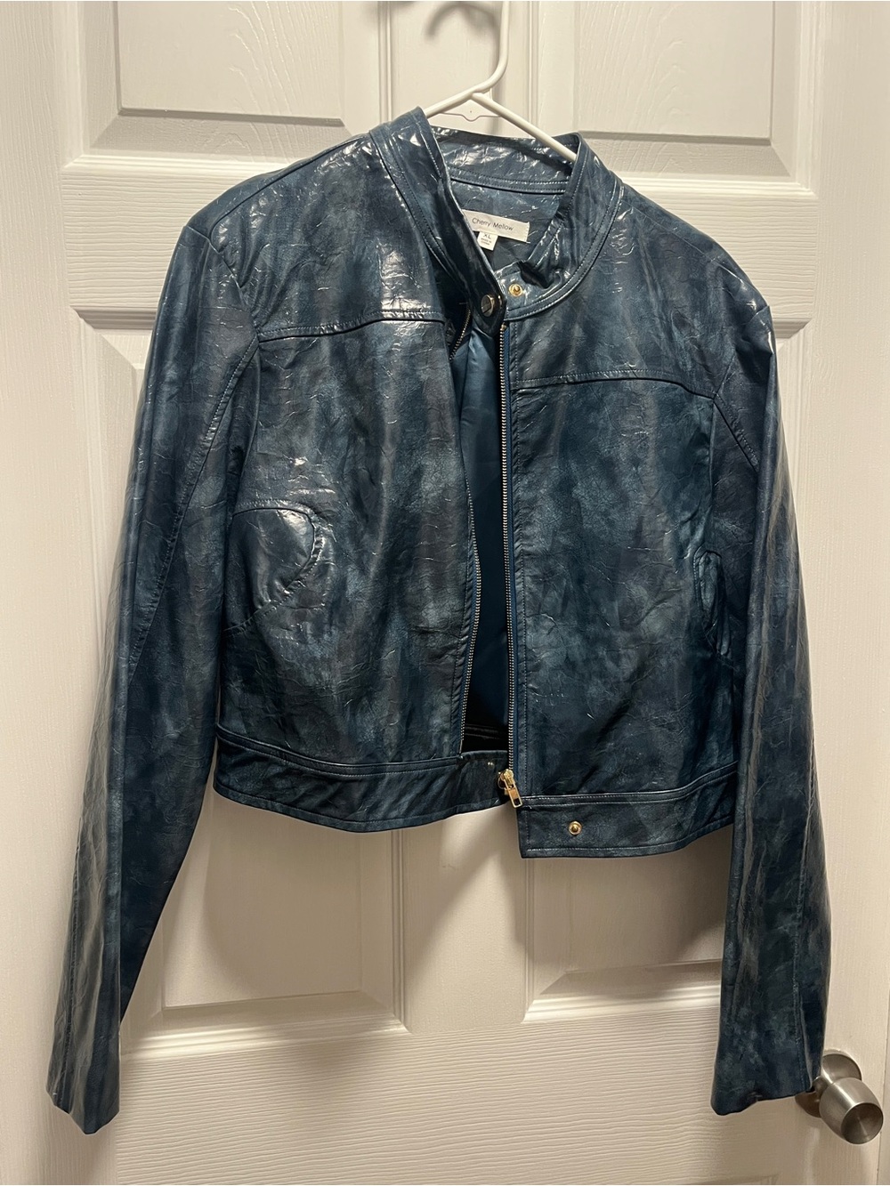 Women's Blue Leather Zip-Up Moto Jacket
